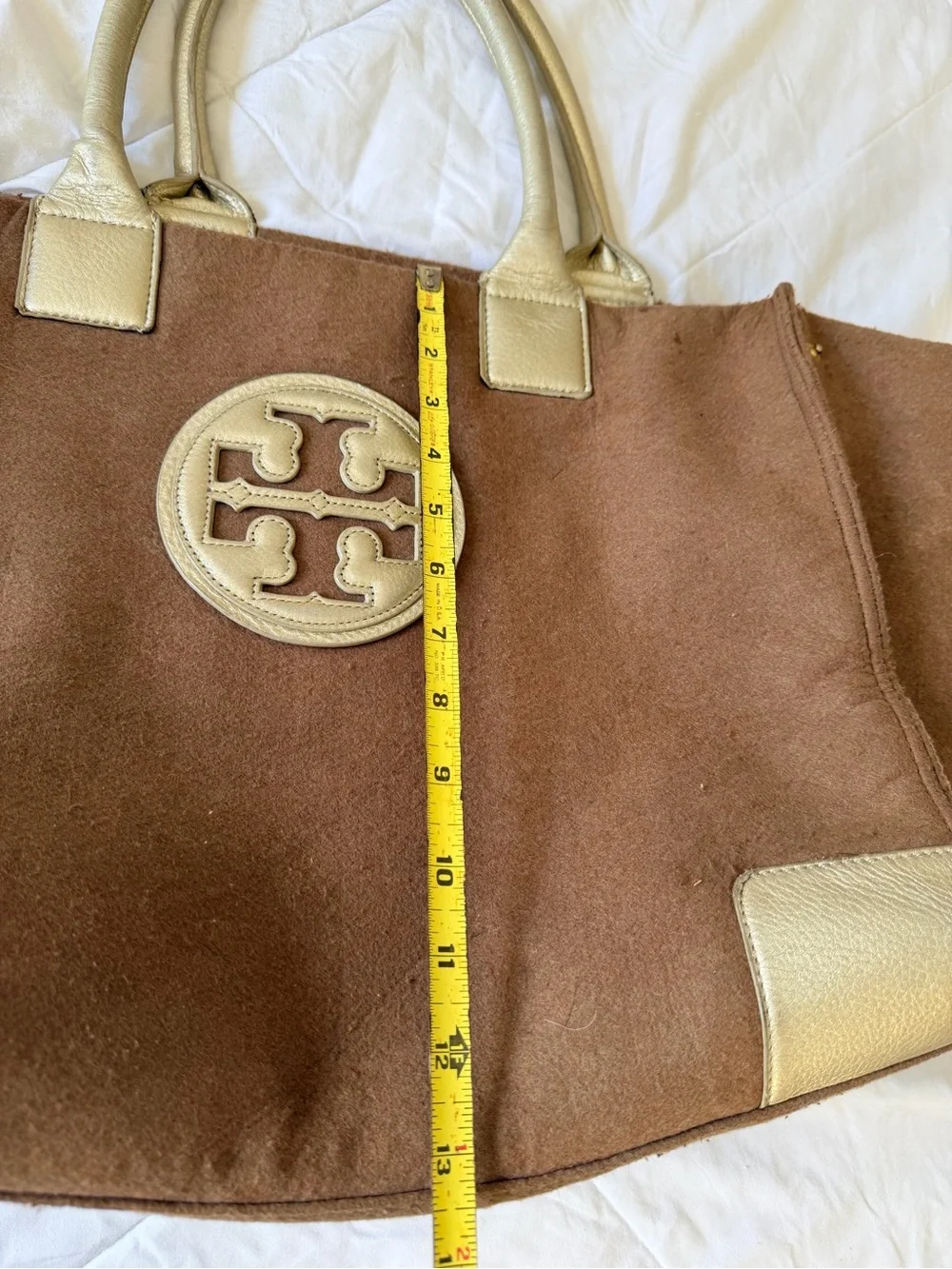 TORY BURCH Ella Brown Wool & Gold Canvas Tote Bag